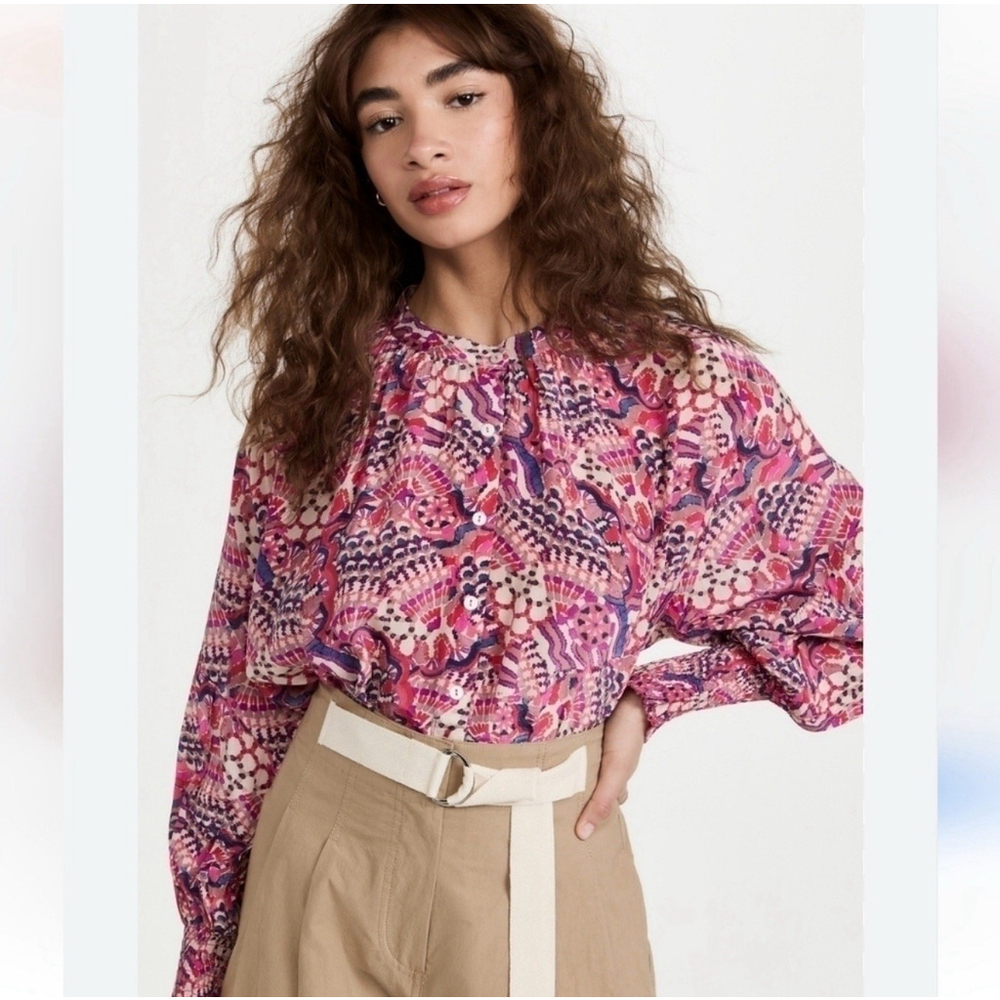 Chufy Desmond Long Smocked Sleeve Button Down Top Jam Pink Abstract Small Boxy